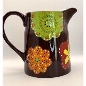 Laurie Gates Ceramic Chocolate Brown Water Pitcher Juice Floral Flowers